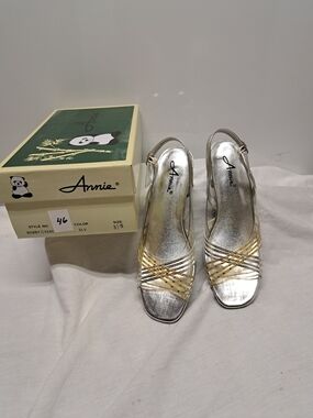 Annie Silver Heels with Gold Accent Strappy Slingbacks